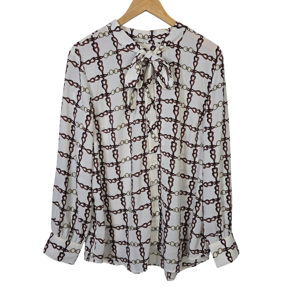 Talbots Womens XL White Brown Gold Chain Link Tie Neck Button Up Blouse